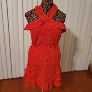 19 Copper Red Halter Ruffle Dress